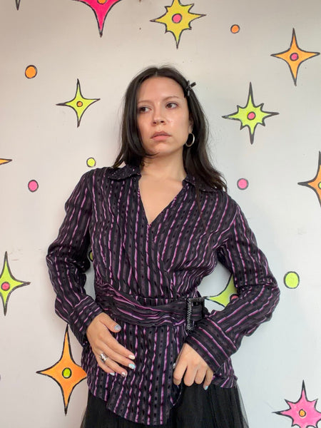 90s Black Purple Pinstripe Mock Wrap Top Y2K Fairy Grunge Mall Goth - Large