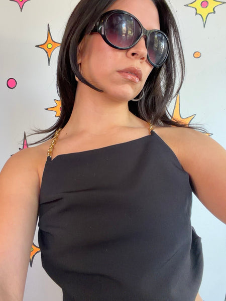 Archival Y2K Zara Black Indie Sleaze Party Halter Top w/ Gold Chain Straps XS
