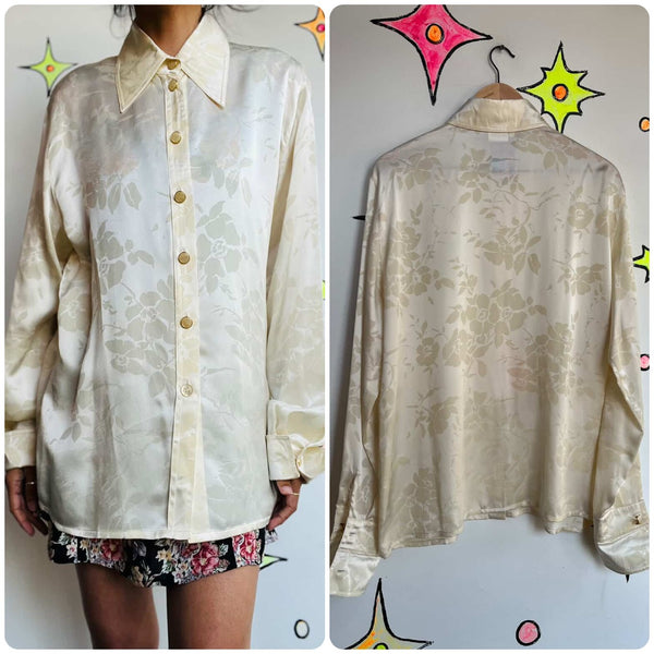 Vintage 90s ESCADA Embossed Floral Off-White Silk Blouse w Gold Buttons - L