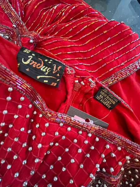 Vintage 80s Heavy Beaded Crimson Silk Party Dress Luxe Glam Old Money L