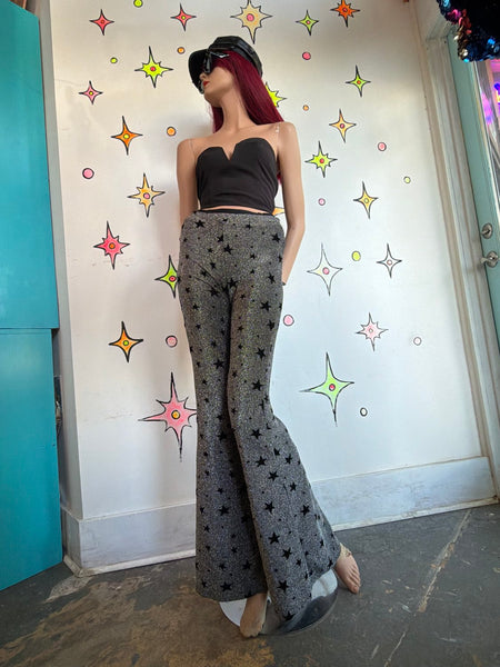 Silver Metallic Velvet Star Bellbottoms Disco Pants Glam Witchy Groovy S