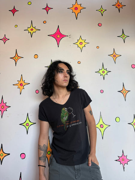 “Polly Wants Wine” Baby Tee Y2K Rhinestone Graphic Novelty Whimsy Goth T-Shirt S