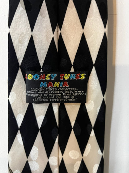 Vintage 90s Looney Tunes Paris Silk Tie – Black & White Harlequin Print Necktie