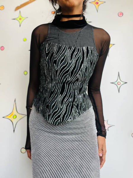 Vintage 90s Joseph Ribkoff Black Mesh Top Silver Zebra Stripe Velvet Burnout S