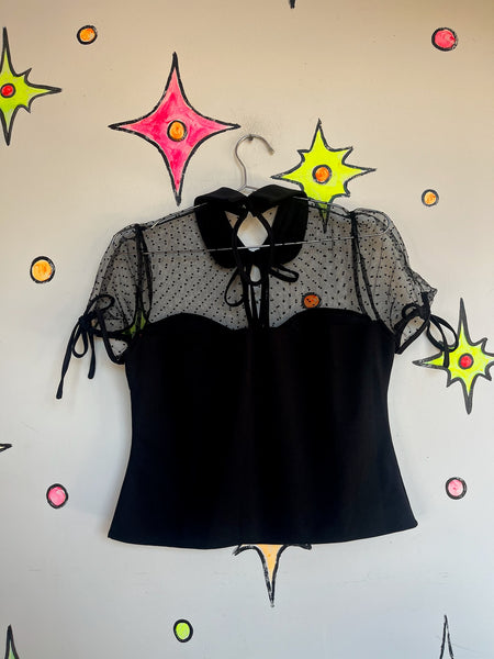 Y2K Black Lace Cropped Blouse – Babydoll Bow Neck Top – Goth Grunge Coquette – L