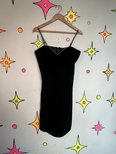80s Black Velvet Mini Dress Goth Vamp Party Cocktail Faux Pearl Trim Dress M