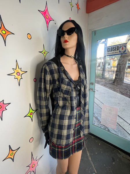 Vintage 90s Navy Blue Plaid Hooded Flannel Shirt Grunge Fairy Academia Size L