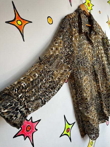Vintage 90s Y2K Leopard Patchwork Sheer Blouse – Boho Grunge Glam Button-Up - XL