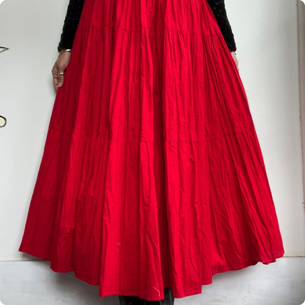 Vintage 70s | Red Western Witchy Grunge Whimsy Goth Prairie Maxi Skirt | Small