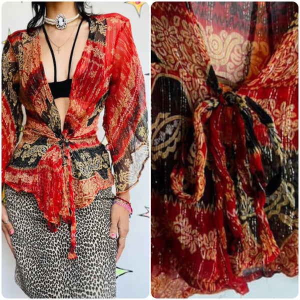 Vintage 90s Y2K Red Sheer Boho Goth Wrap Top - Pirate Gypsy Fairy Grunge - XL