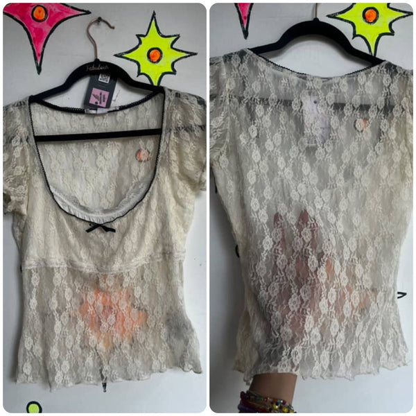 Vintage Y2K White Sheer Lace Rococo Babydoll Coquette Fairy Grunge Top Blouse L