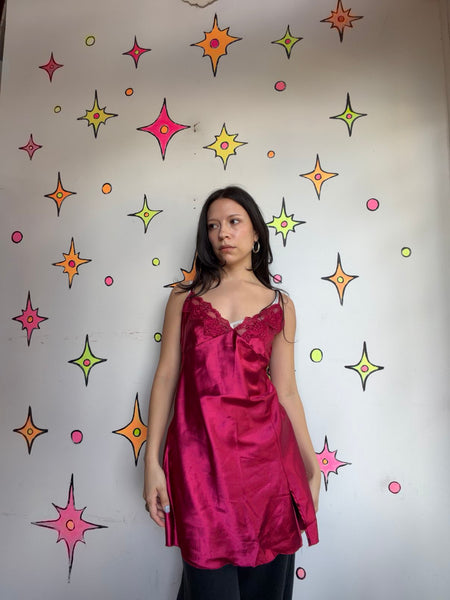 Vintage Red Satin Lace Slip Romantic 90s Lingerie Vampy Boudoir Dress M