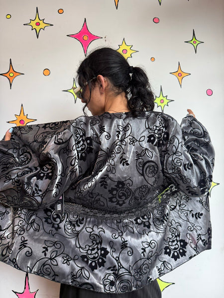 Velvet Burnout Kimono | Silver Black Floral Boho Goth Duster One Size