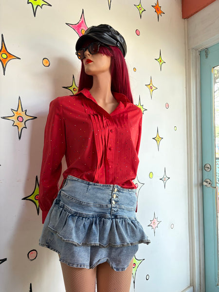 Cherry Red Retro Secretary Blouse Rainbow Polka Dots Pride Academia Kawaii L