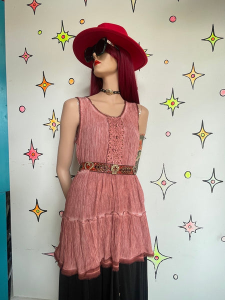 Vintage Red Distressed Embellished Crochet Boho Fairy Grunge Mini Dress S