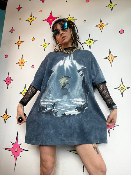 Mountain Dragon T-Shirt Dress Fantasy Graphic Tee Oversized Dragon Nightgown