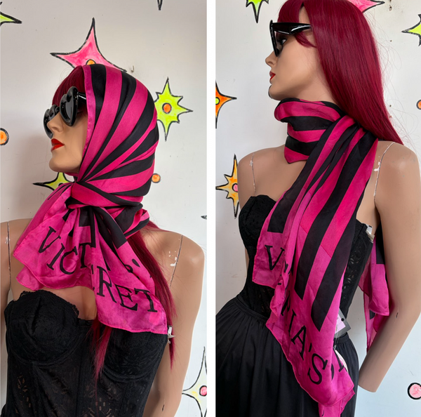 Vintage Y2K Victoria's Secret Hot Pink & Black Striped Silk Scarf Luxe Glam