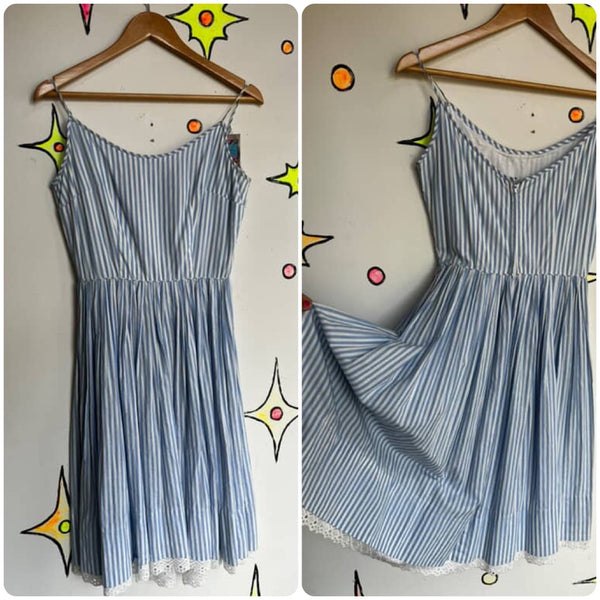 Vintage 1950s | Pastel Blue Striped Fit and Flare Cotton Day Dress | S M