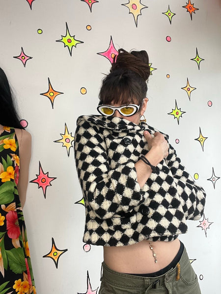 Y2K Black & White Vegan Fur Crop Coat Harlequin Clowncore Glam 60s Style - S