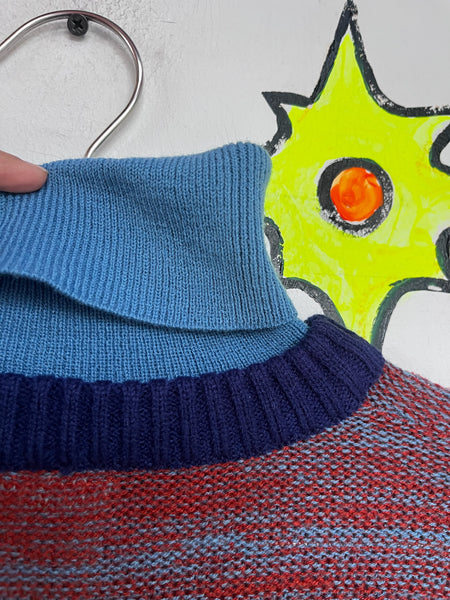 Vintage 70s Blue Turtleneck Striped Pullover Sweater Chunky Grunge Boho Retro S