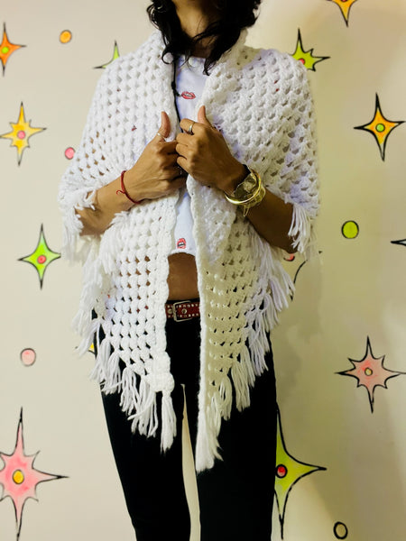 Vintage 70s White Crochet Poncho | Boho Western Festival Cape Shawl | Fringe