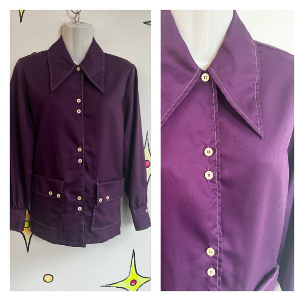 Vintage 60s 70s | Groovy Purple Big Collar Shirt Top Clown Hippie Smock | M L