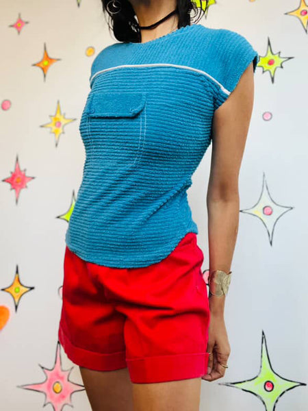 Vintage 70s 80s Blue Retro Ribbed Terrycloth Top – Soft Cozy Knit XS