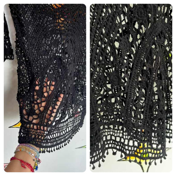 Vintage Black Crochet Mini Dress / Top – Open Back Whimsy Goth Boho Grunge – S M