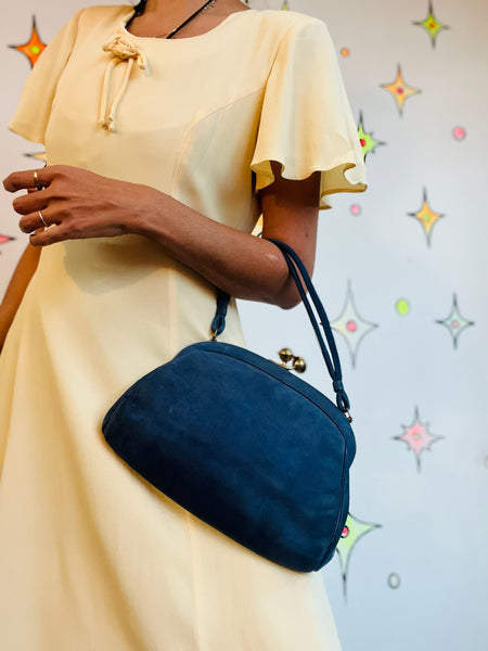 Blue Suede Clutch – 1940s Waldman Purse – Art Deco – Vintage Soft Suede Handbag