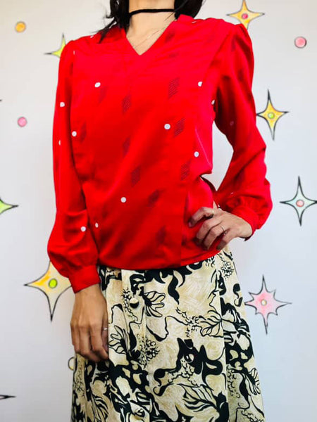 Vintage 80s Cherry Red Abstract Art Print Silky Secretary Blouse | Size 4