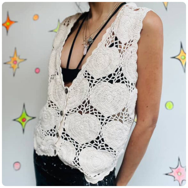 Vintage | Crochet Heart Pattern Vest Boho Festival Fashion Top | Medium