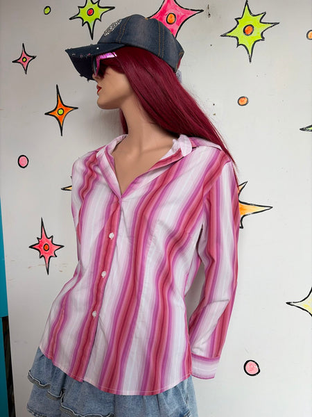 Y2K Pink Pinstripe Button-Up Shirt Office Siren Academia Preppy Glam L