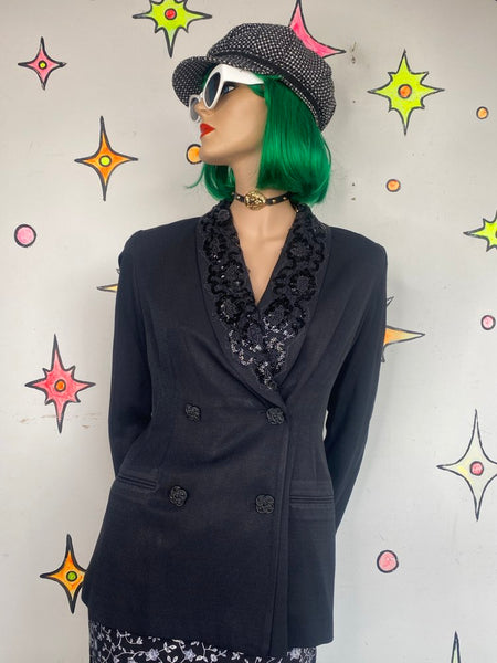 80s Black Sequined Blazer Petite Sophisticate Glam Mob Wife Maximalist S