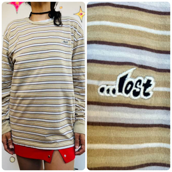 Vintage 90s Brown Striped Long Sleeve Cyber Grunge Shirt Cotton Streetwear Large