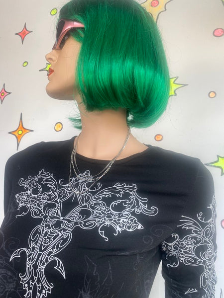 Black Mall Goth Tattoo Graphic Long Sleeve Baby Tee Y2K Grunge Crop Top - S