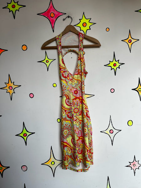 Retro 60s 70s Mod GoGo Psychedelic Rainbow Paisley Cutout Mini Dress - M