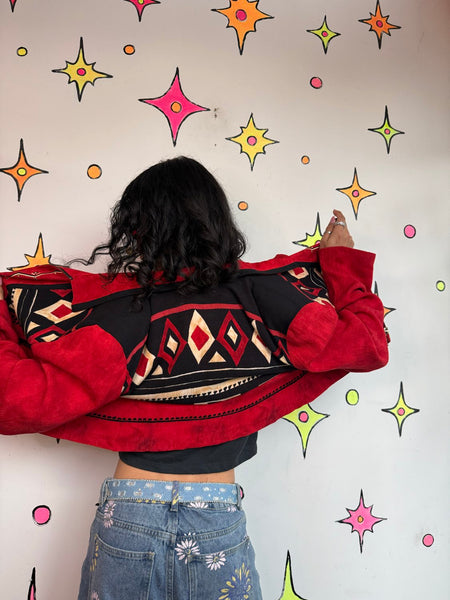 Red Western Blazer 80s Cowboycore Folk Art Jacket Office Siren Glam Statement L