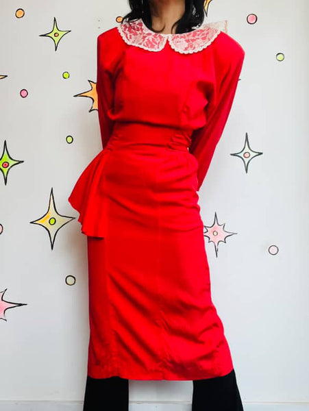 Vintage 80s Secretary Dress - NWT - Babydoll Grunge Cherry Red - Lace Collar - S