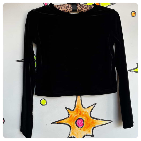 Vintage 90s Stretchy Black Velvet Mall Goth Fairy Grunge Long Sleeve Crop Top S
