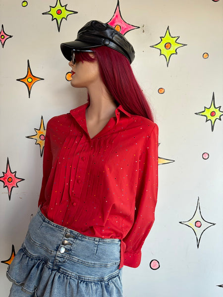 Cherry Red Retro Secretary Blouse Rainbow Polka Dots Pride Academia Kawaii L