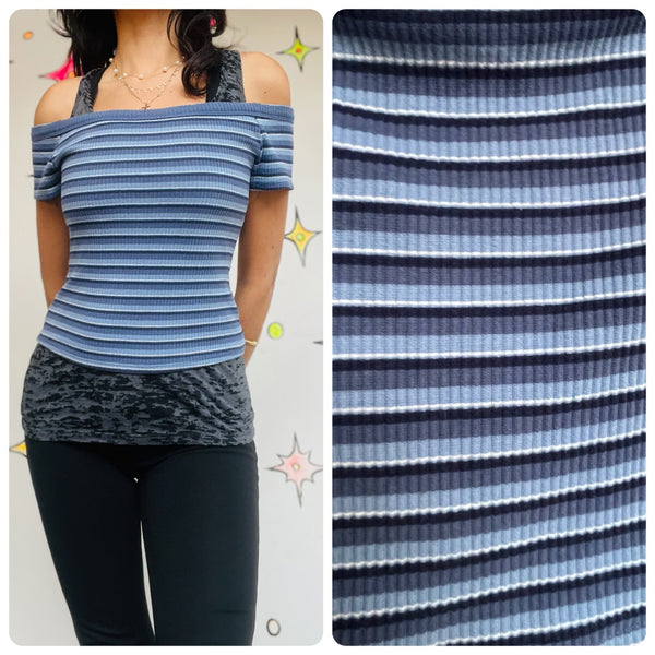 Vintage 90s Y2K Blue Striped Ribbed Crop Top Tee - Fairy Grunge Indie - M