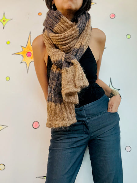 90s Brown Striped Grunge Oversized Fuzzy Mohair Scarf - Extra Long Cozy Rodarte