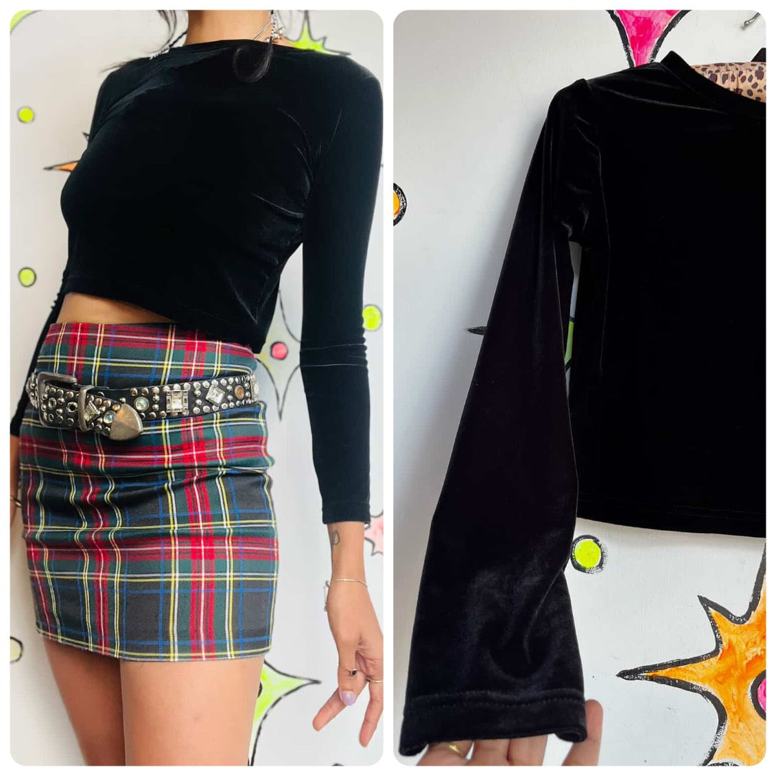 Vintage 90s Stretchy Black Velvet Mall Goth Fairy Grunge Long Sleeve Crop Top S