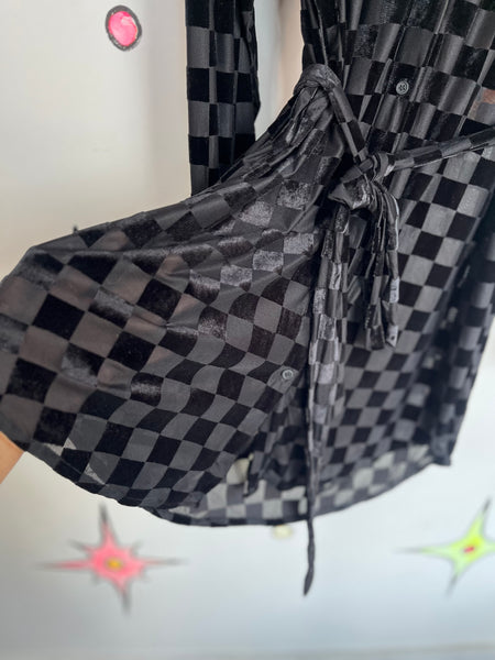 Vintage 90s | Sheer Black Checkered Velvet Burnout Goth Shirt Dress | Size L