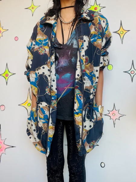 Vintage 90s Boho Grunge Wearable Art Silk Windbreaker Bomber Jacket | Size M