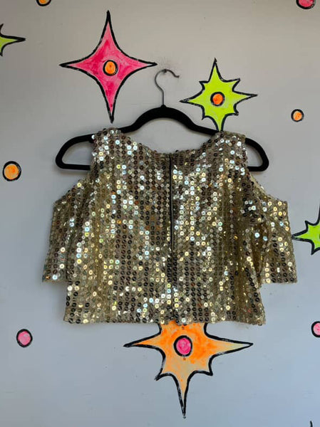 Vintage Gold Sequin Cold Shoulder Boho Disco Crop Top 70s Glam Party Blouse M/L