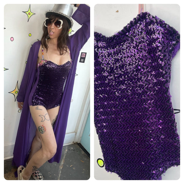 Vintage Dance Costume | Purple Sequin Showgirl Burlesque Circus Leotard Playsuit