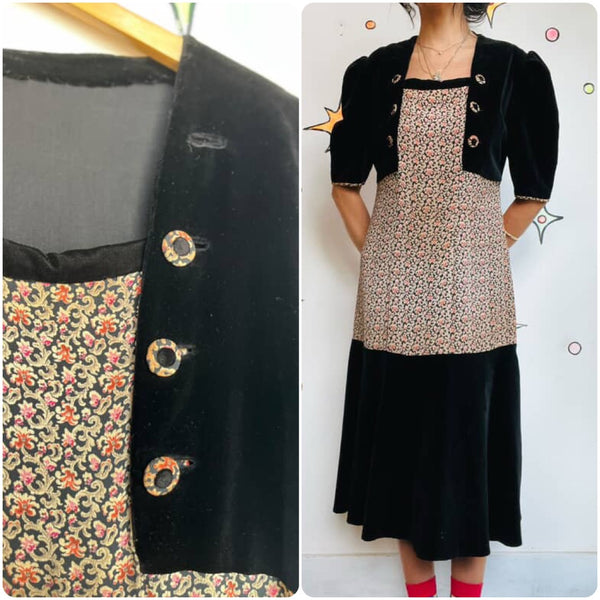 Vintage 40s Velvet Floral Print Dress | Secretary Rococo Goth, Boho Grunge | M/L