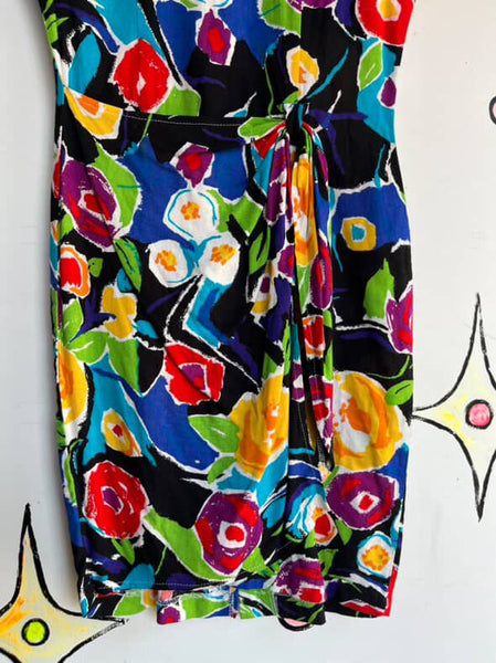 Vintage 80s Rainbow Abstract Art Wear Wrap Dress Boho Grunge w Shoulder Pads 5/6