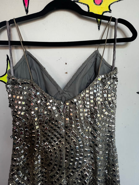 Vintage Silver Beaded Silk Gown Movie Star Glam Evening Dress Formal 90s S